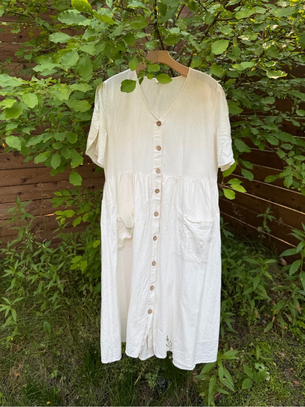 Roolee Cream Linen Button-Front Midi Dress Cottagecore Euro Summer Vacation